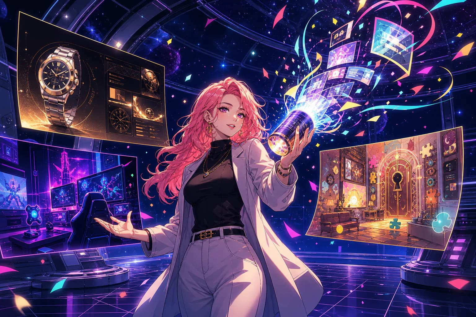 カプセルからホームページの世界を広げるウェブデザイナーのイラスト
