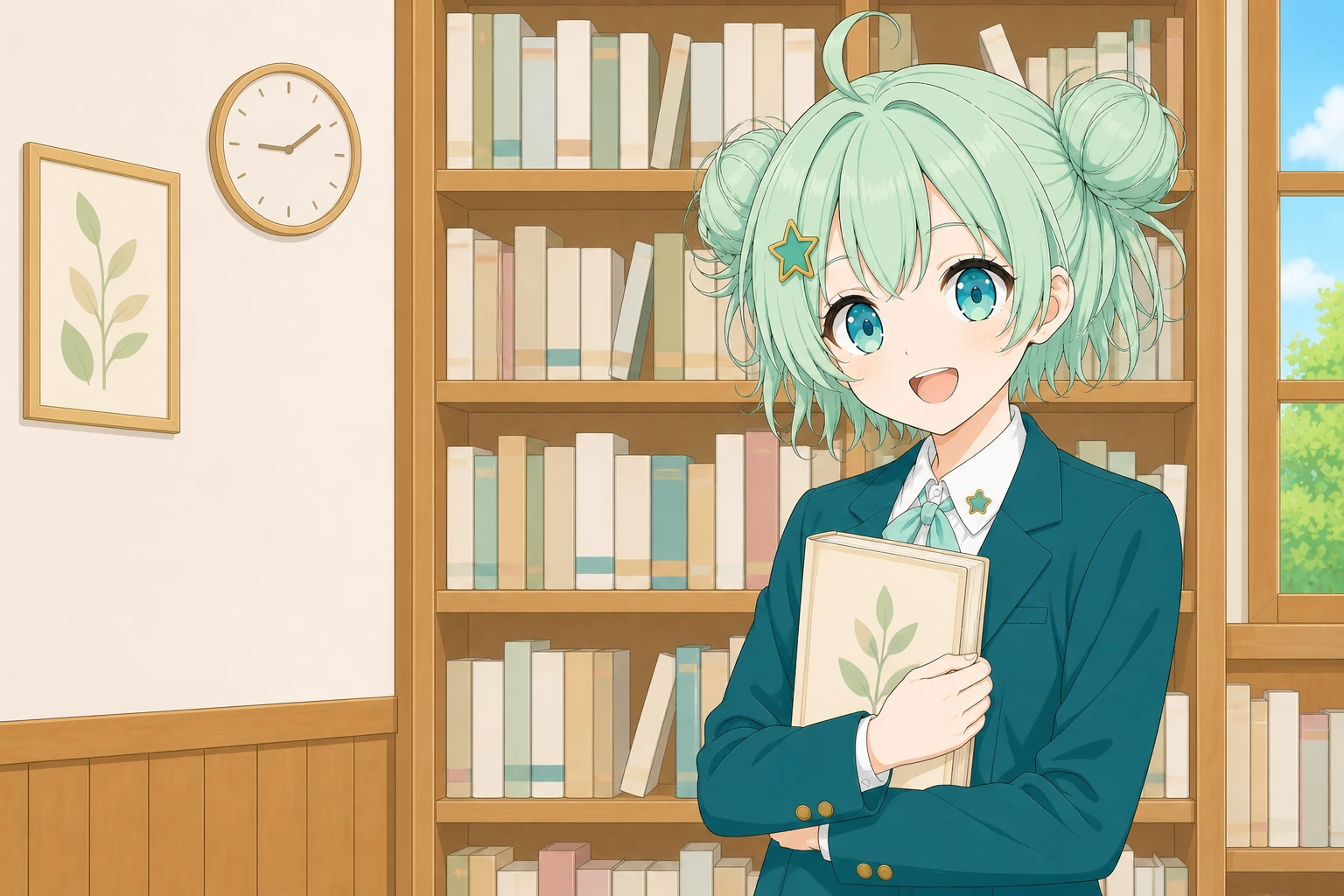 図書室で案内するなのは先生