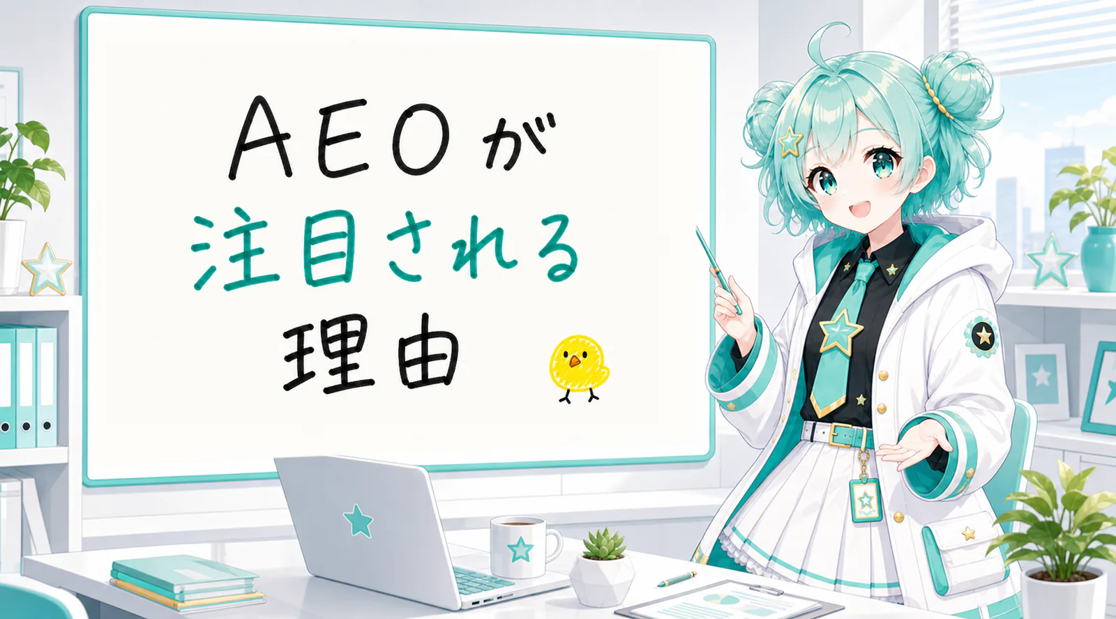 「AEOが注目される理由」と手書きされたホワイトボードを指す公式キャラクターと、ひよこの落書き