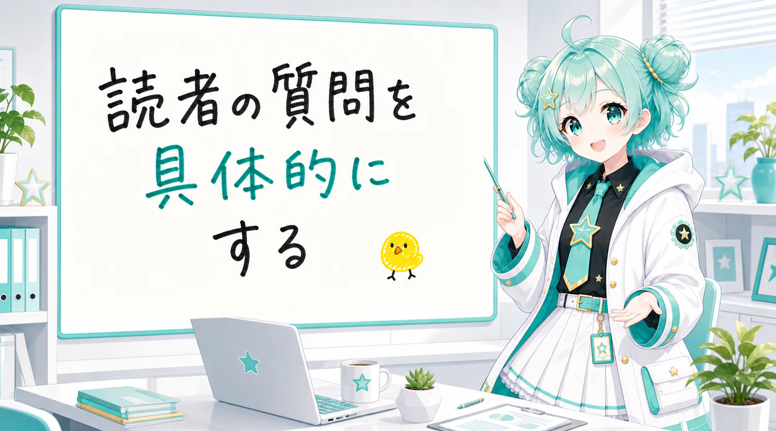 「読者の質問を具体的にする」と手書きされたホワイトボードを指す公式キャラクターと、ひよこの落書き