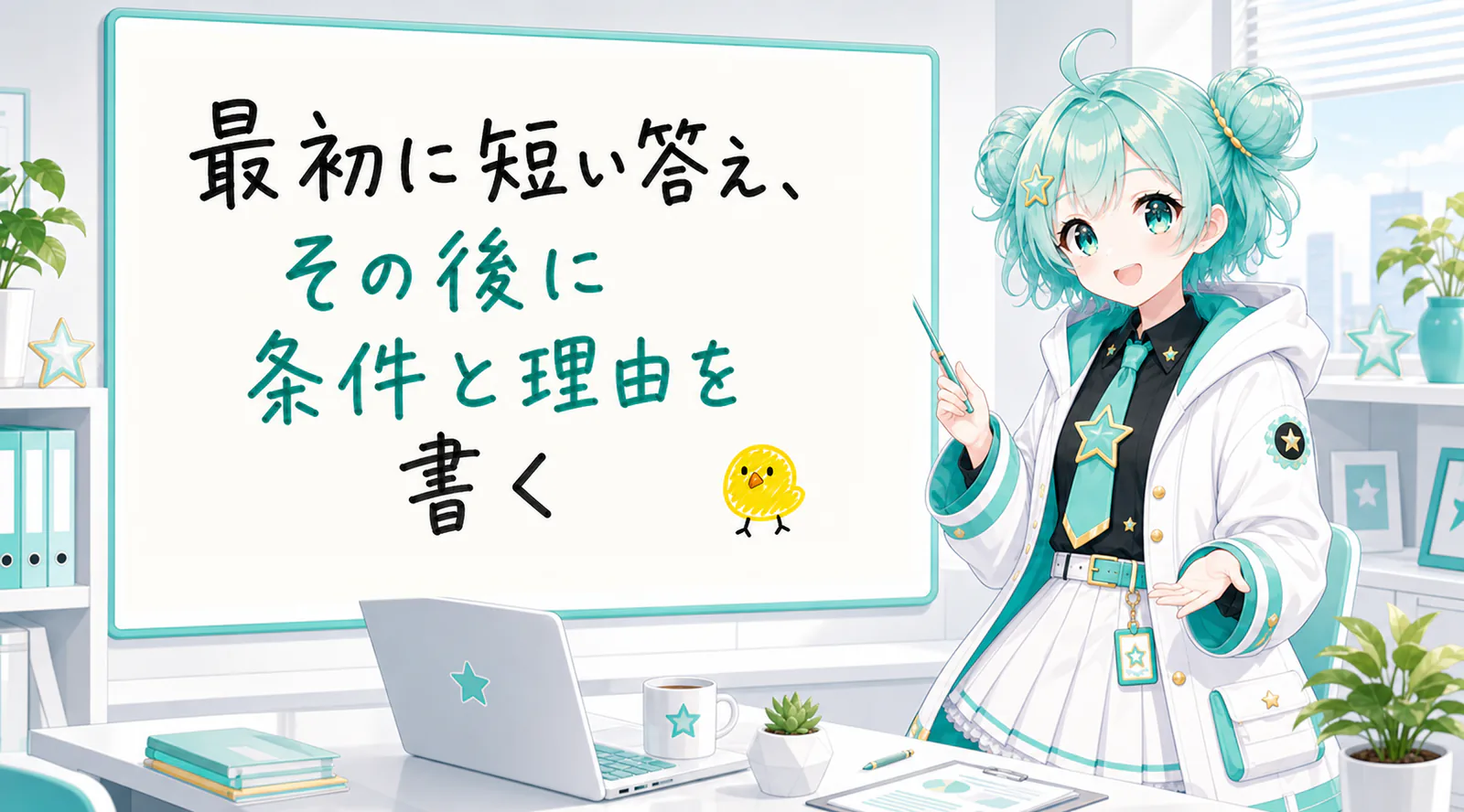 「最初に短い答え、その後に条件と理由を書く」と手書きされたホワイトボードを指す公式キャラクターと、ひよこの落書き