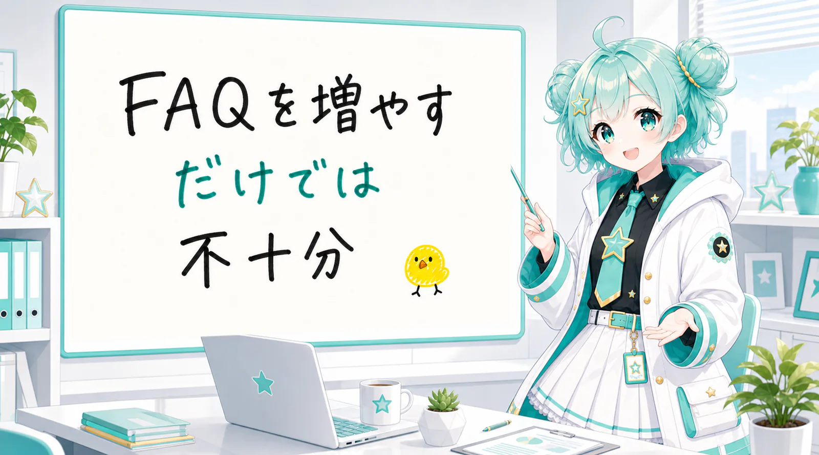 「FAQを増やすだけでは不十分」と手書きされたホワイトボードを指す公式キャラクターと、ひよこの落書き
