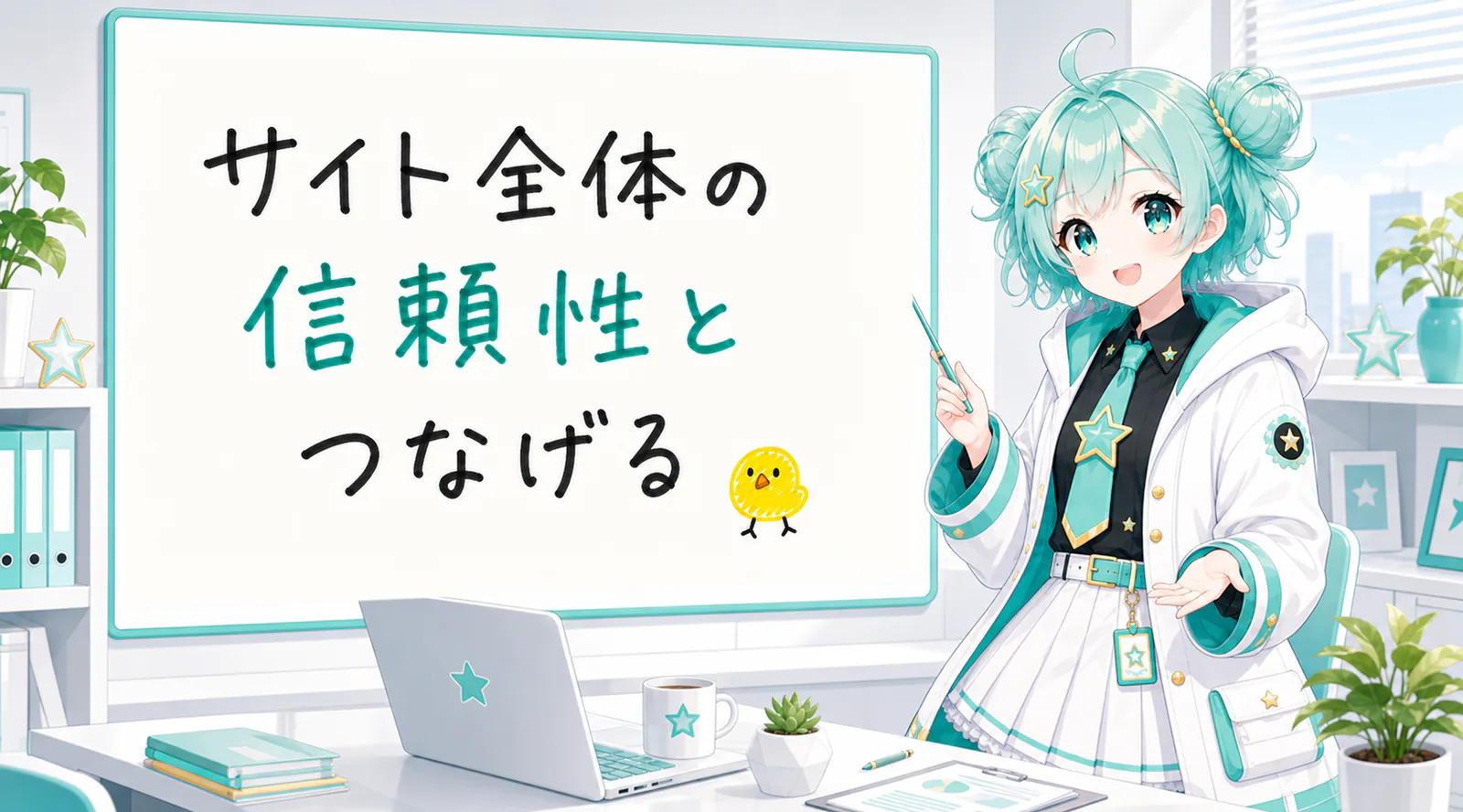 「サイト全体の信頼性とつなげる」と手書きされたホワイトボードを指す公式キャラクターと、ひよこの落書き
