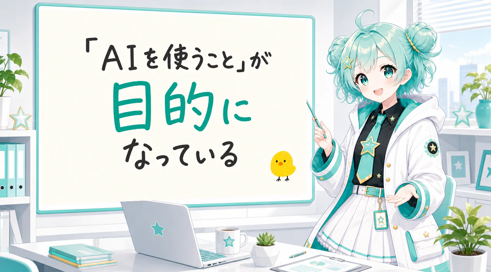「AIを使うこと」が目的になっている、と手書きされたホワイトボードを指す公式キャラクターと、ひよこの落書き