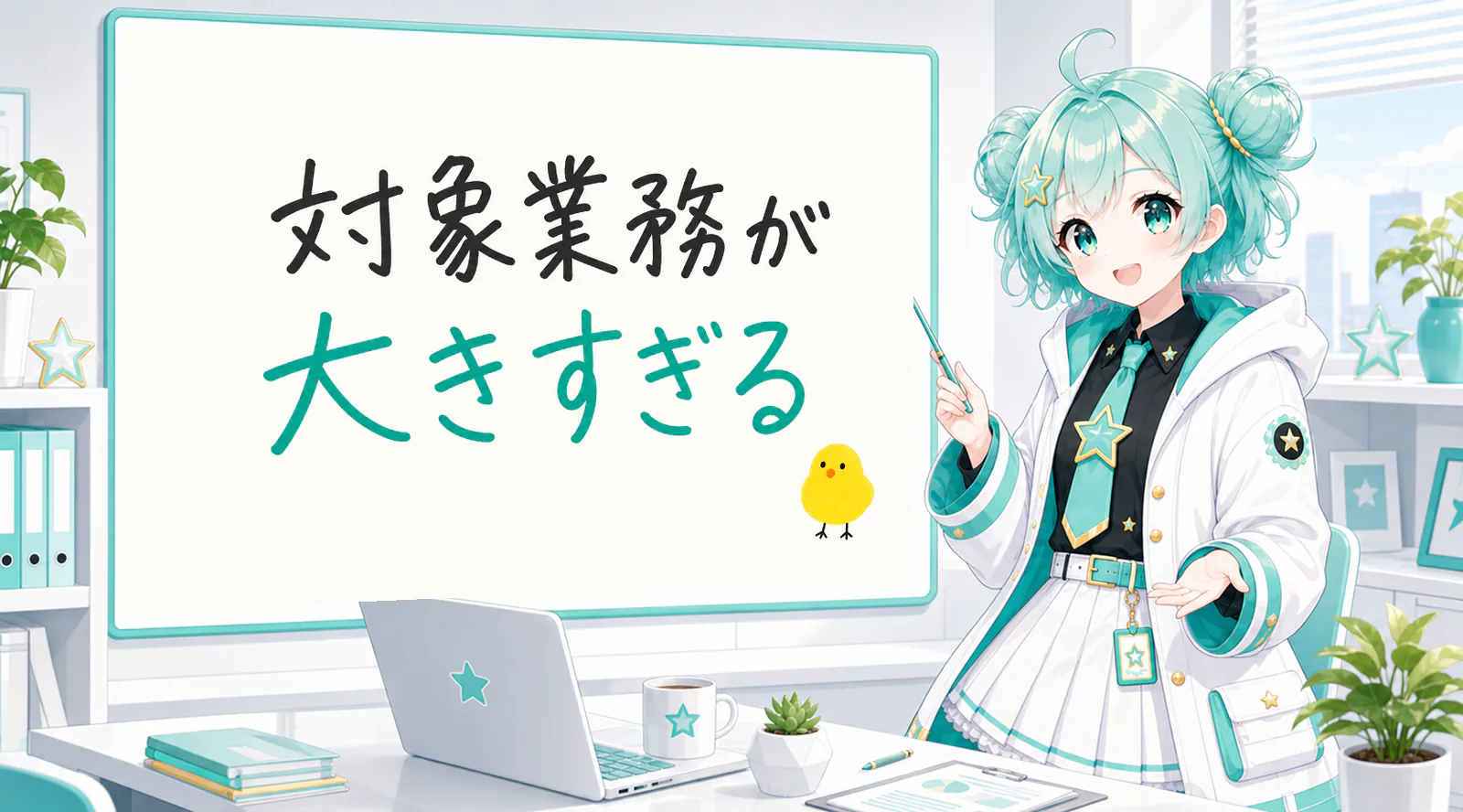 「対象業務が大きすぎる」と手書きされたホワイトボードを指す公式キャラクターと、ひよこの落書き