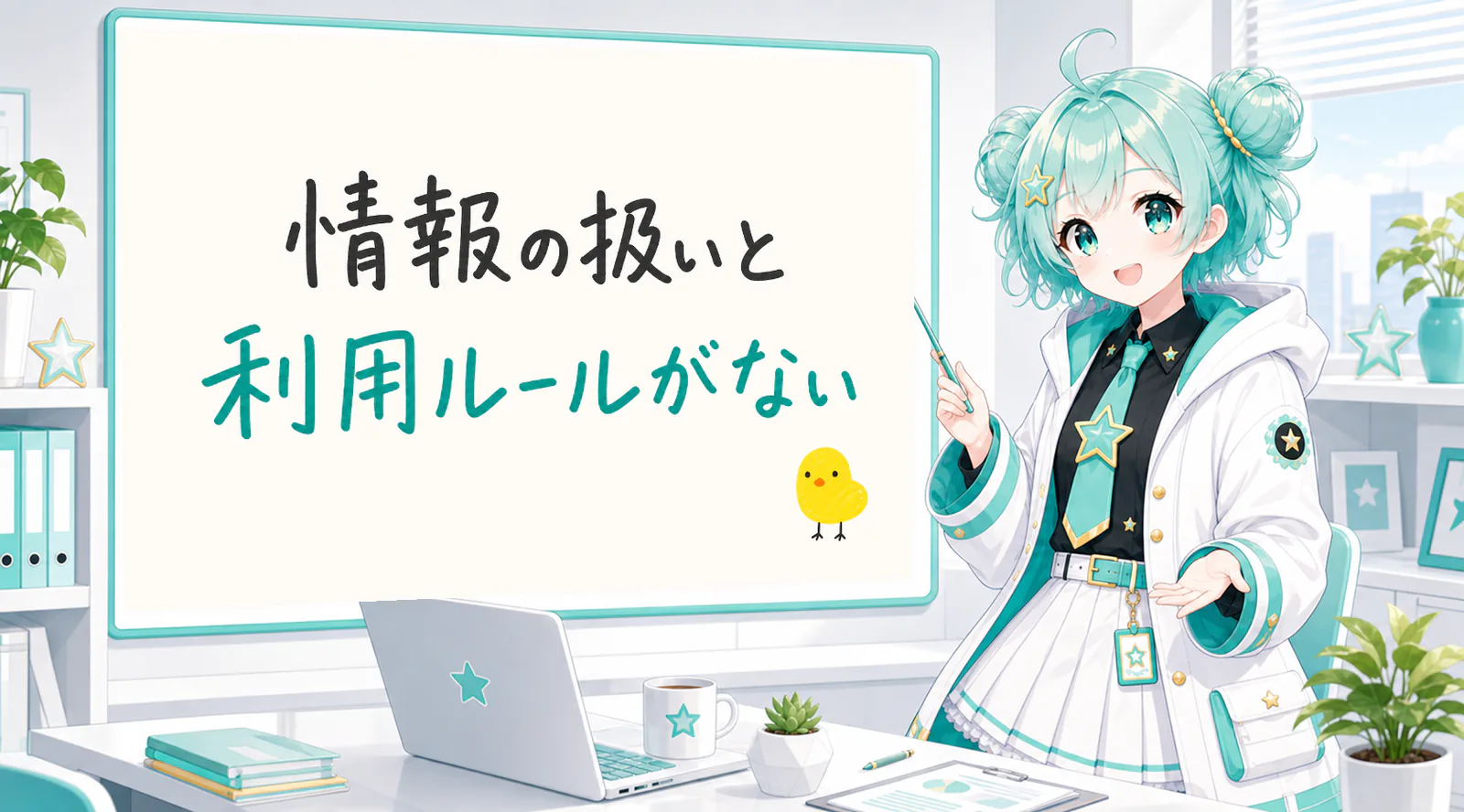 「情報の扱いと利用ルールがない」と手書きされたホワイトボードを指す公式キャラクターと、ひよこの落書き