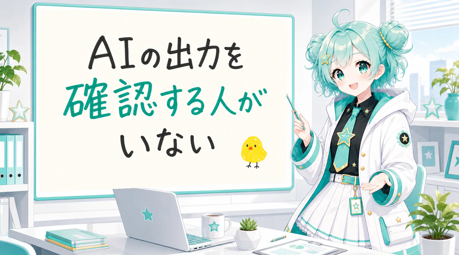 「AIの出力を確認する人がいない」と手書きされたホワイトボードを指す公式キャラクターと、ひよこの落書き