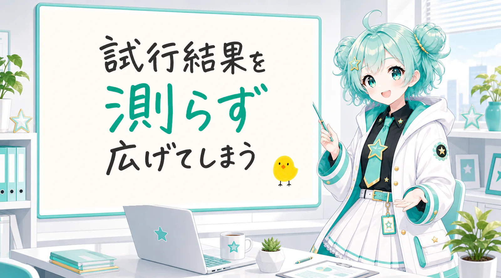 「試行結果を測らず広げてしまう」と手書きされたホワイトボードを指す公式キャラクターと、ひよこの落書き