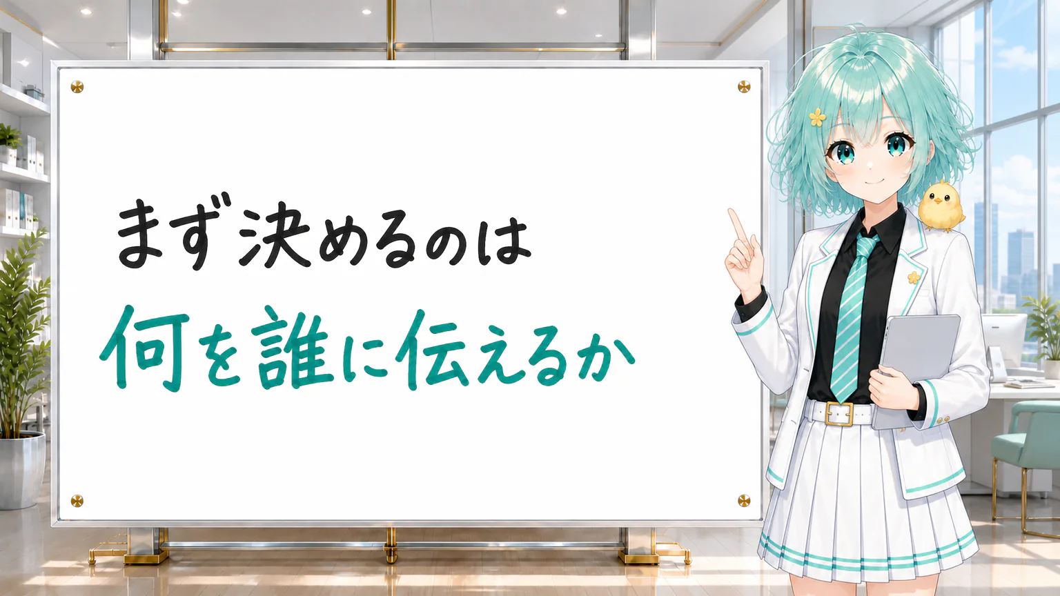 「まず決めるのは 何を誰に伝えるか」と手書きされたホワイトボードを指す公式キャラクター