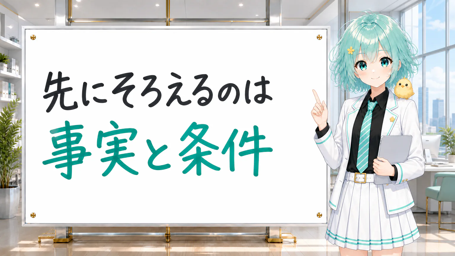 「先にそろえるのは 事実と条件」と手書きされたホワイトボードを指す公式キャラクター