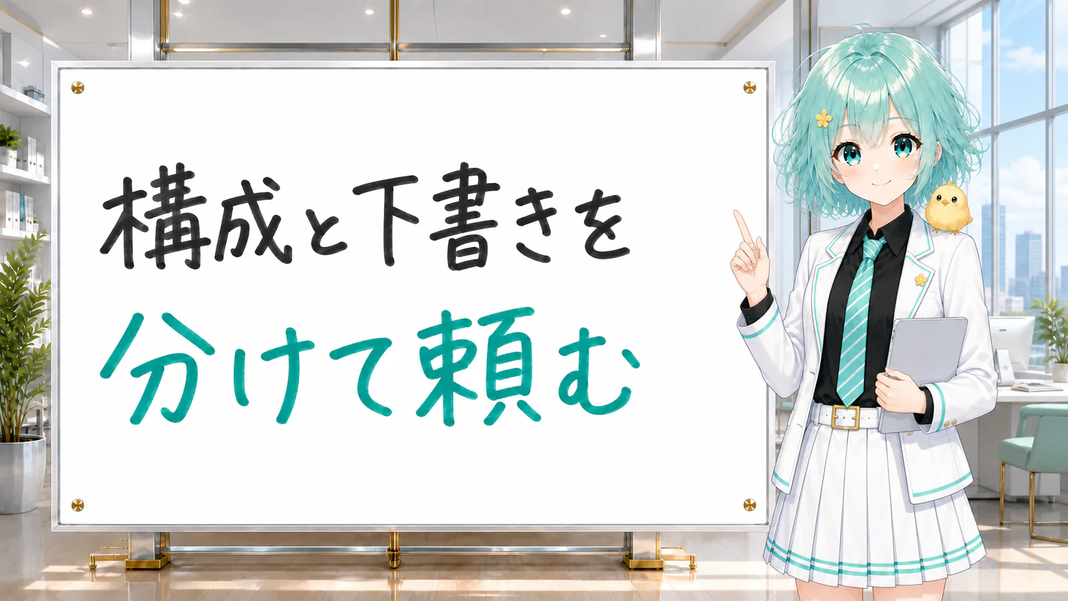 「構成と下書きを 分けて頼む」と手書きされたホワイトボードを指す公式キャラクター