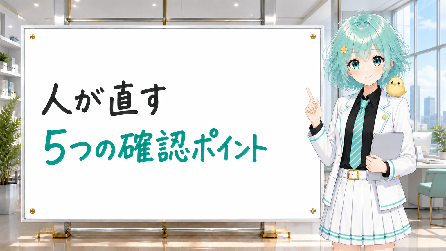 「人が直す 5つの確認ポイント」と手書きされたホワイトボードを指す公式キャラクター