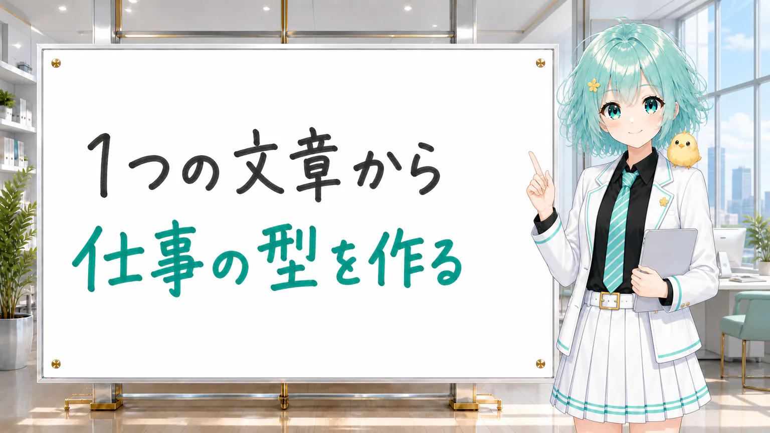 「1つの文章から 仕事の型を作る」と手書きされたホワイトボードを指す公式キャラクター