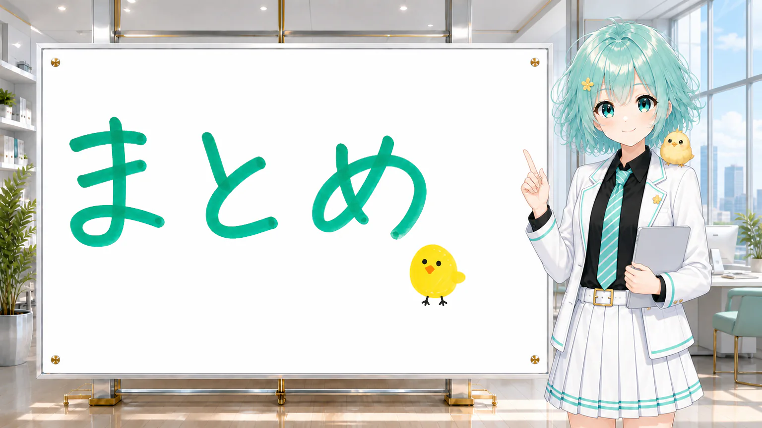 「まとめ」と手書きされたホワイトボードを指す公式キャラクターと、ひよこの落書き