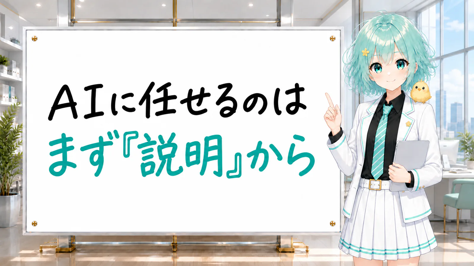 「AIに任せるのは まず『説明』から」と手書きされたホワイトボードを指す公式キャラクターと、ひよこの落書き