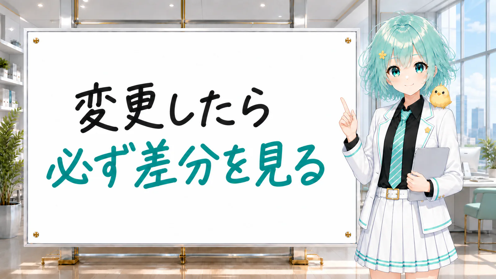 「変更したら 必ず差分を見る」と手書きされたホワイトボードを指す公式キャラクターと、ひよこの落書き