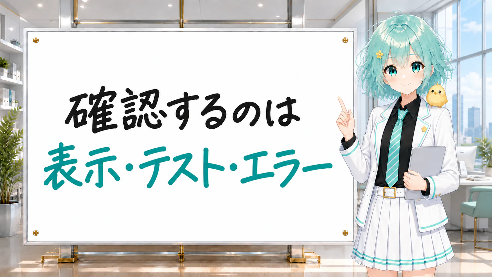 「確認するのは 表示・テスト・エラー」と手書きされたホワイトボードを指す公式キャラクターと、ひよこの落書き