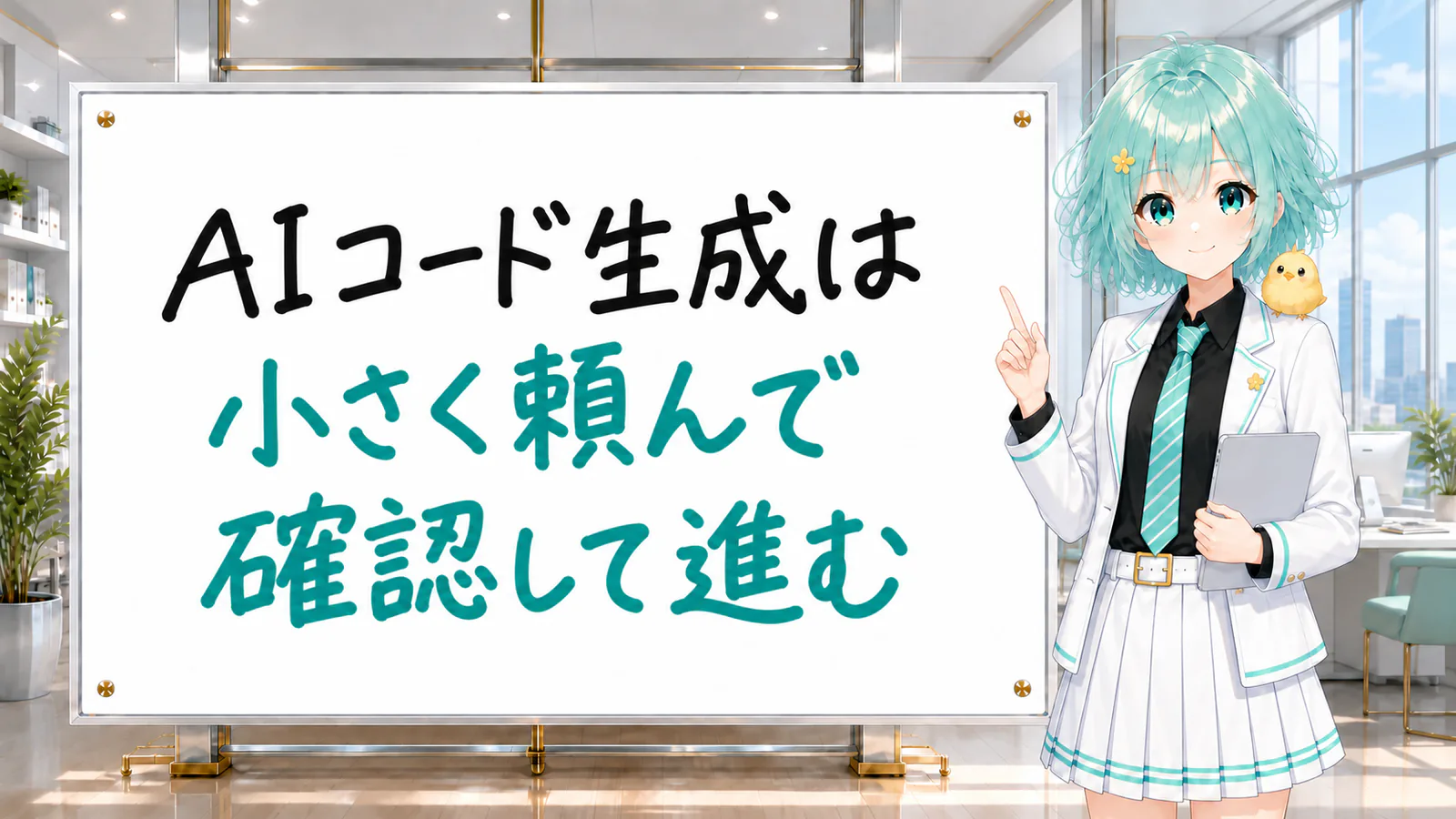 「AIコード生成は 小さく頼んで 確認して進む」と手書きされたホワイトボードを指す公式キャラクターと、ひよこの落書き