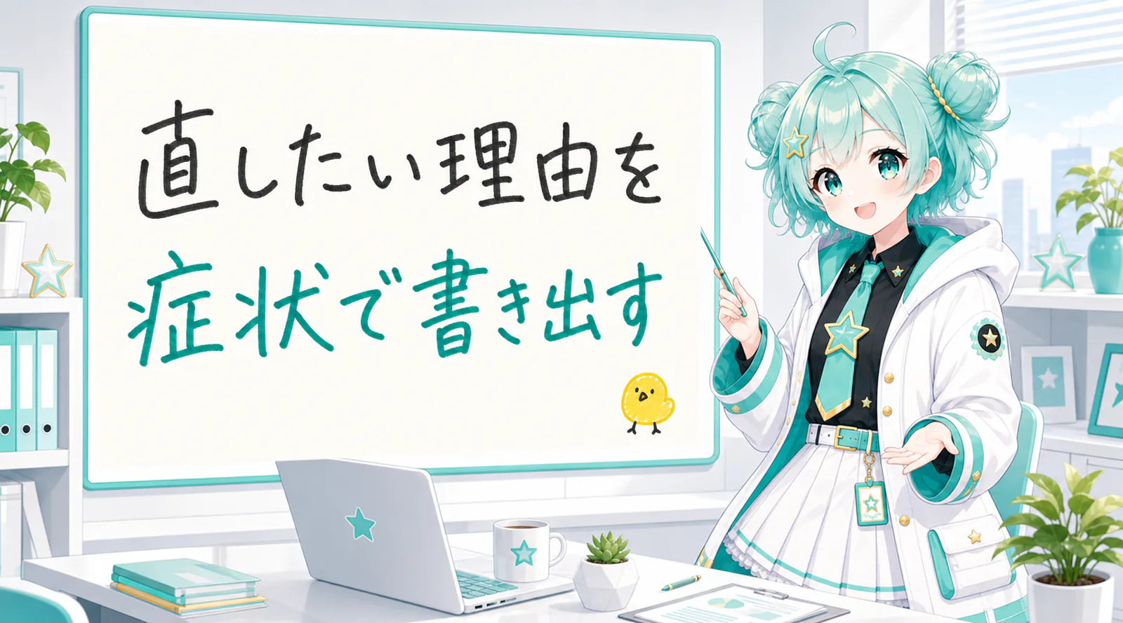 「直したい理由を症状で書き出す」と手書きされたホワイトボードを指す公式キャラクターと、ひよこの落書き