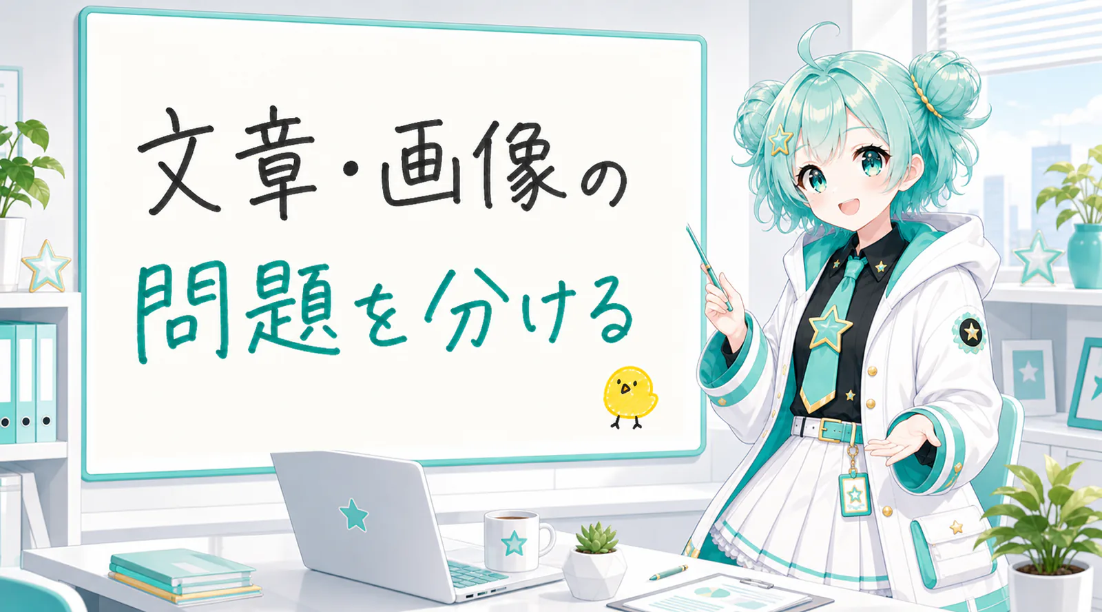 「文章・画像の問題を分ける」と手書きされたホワイトボードを指す公式キャラクターと、ひよこの落書き