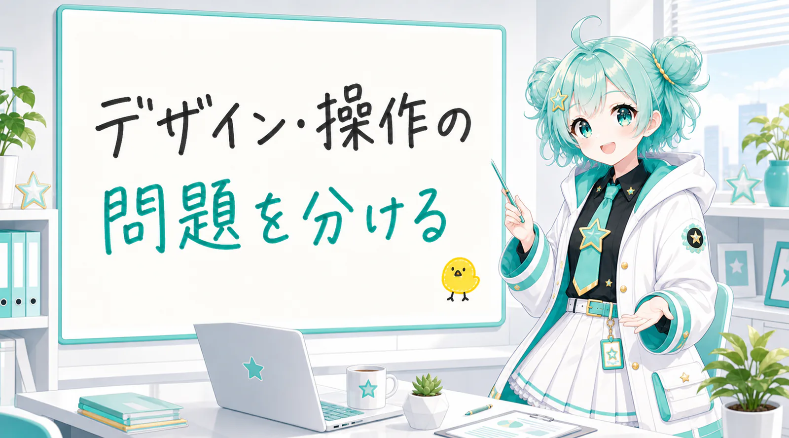 「デザイン・操作の問題を分ける」と手書きされたホワイトボードを指す公式キャラクターと、ひよこの落書き
