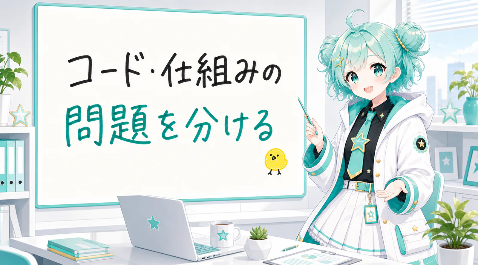 「コード・仕組みの問題を分ける」と手書きされたホワイトボードを指す公式キャラクターと、ひよこの落書き