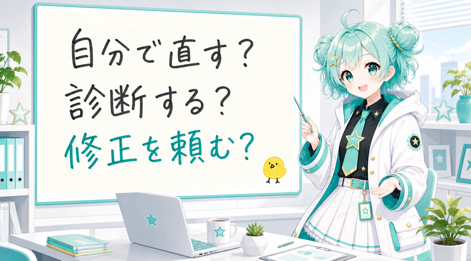 「自分で直す?診断する?修正を頼む?」と手書きされたホワイトボードを指す公式キャラクターと、ひよこの落書き