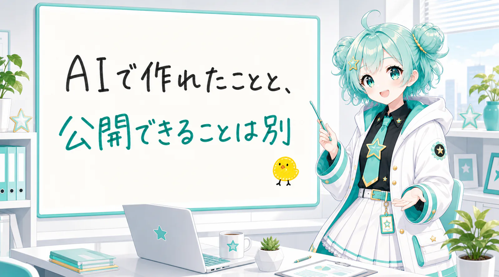 「AIで作れたことと、公開できることは別」と手書きされたホワイトボードを指す公式キャラクターと、ひよこの落書き