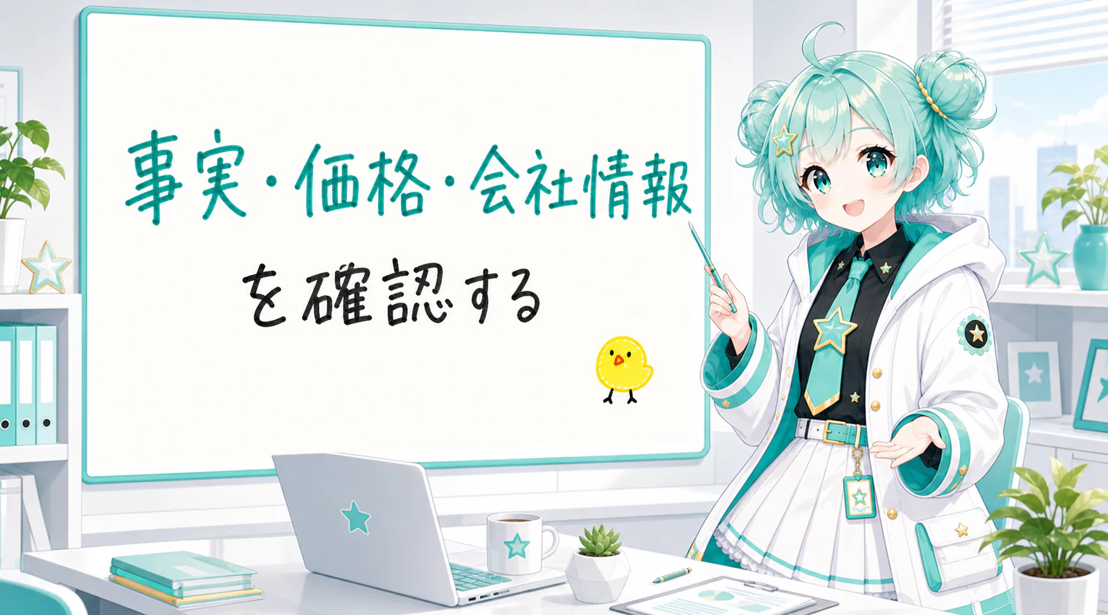 「事実・価格・会社情報を確認する」と手書きされたホワイトボードを指す公式キャラクターと、ひよこの落書き