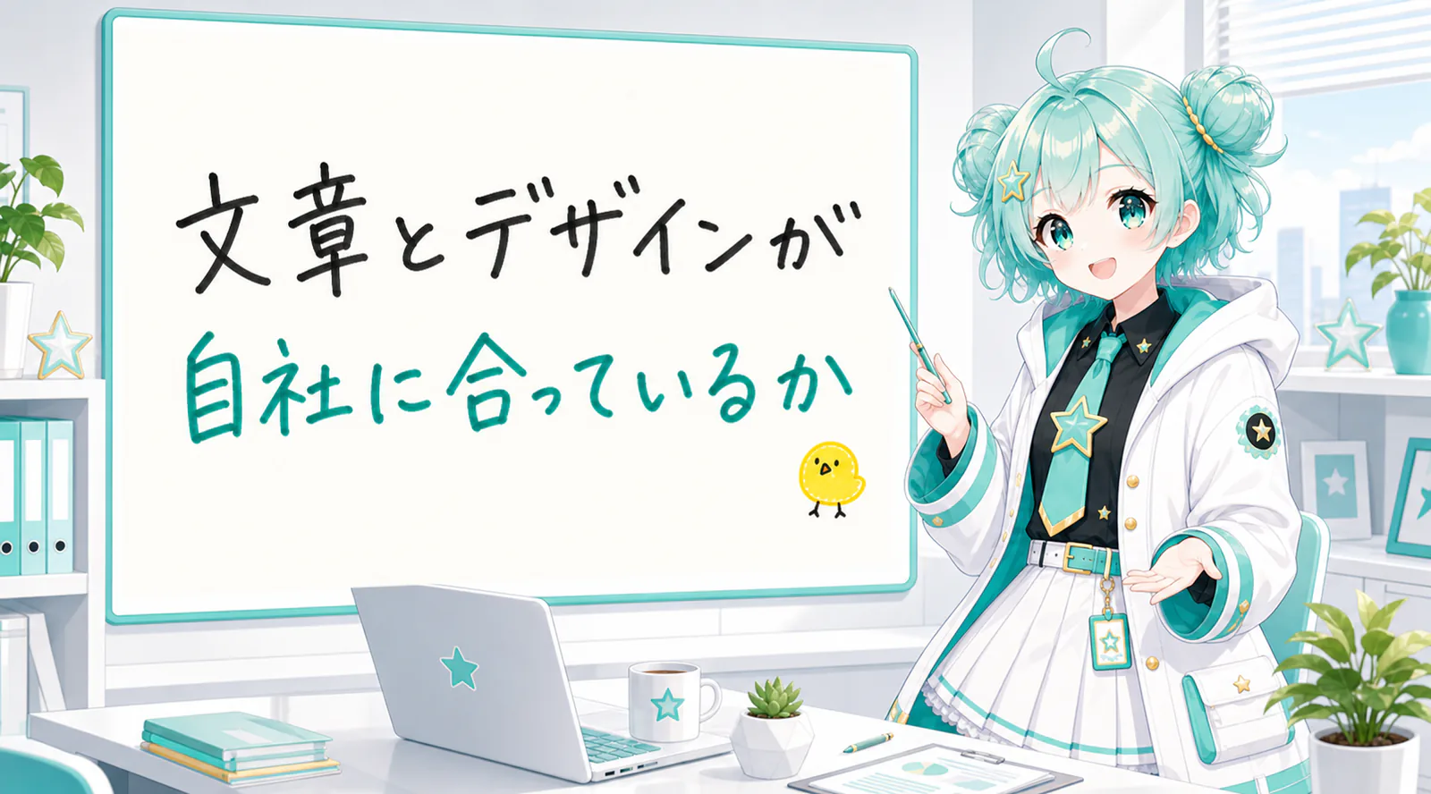 「文章とデザインが自社に合っているか」と手書きされたホワイトボードを指す公式キャラクターと、ひよこの落書き