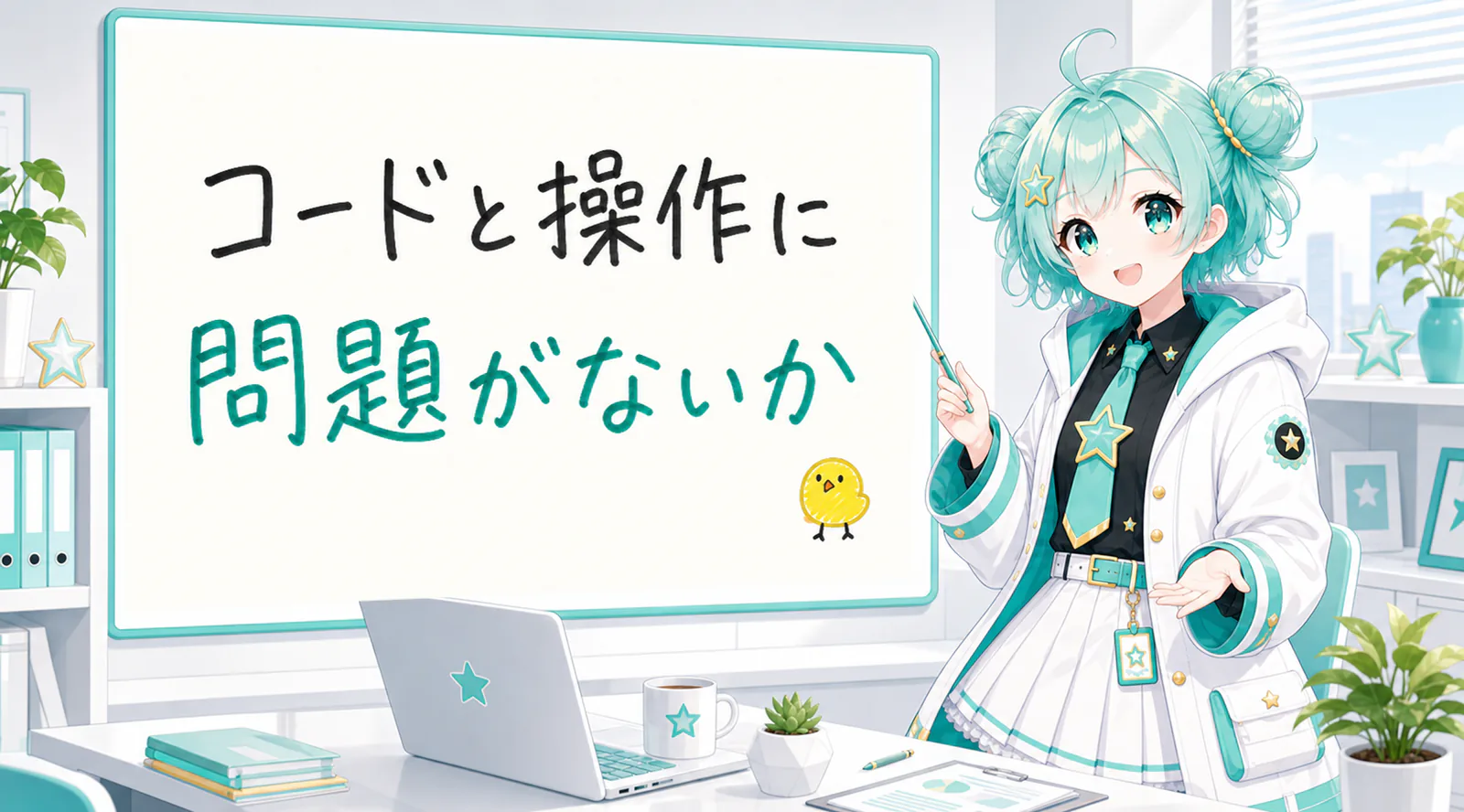 「コードと操作に問題がないか」と手書きされたホワイトボードを指す公式キャラクターと、ひよこの落書き