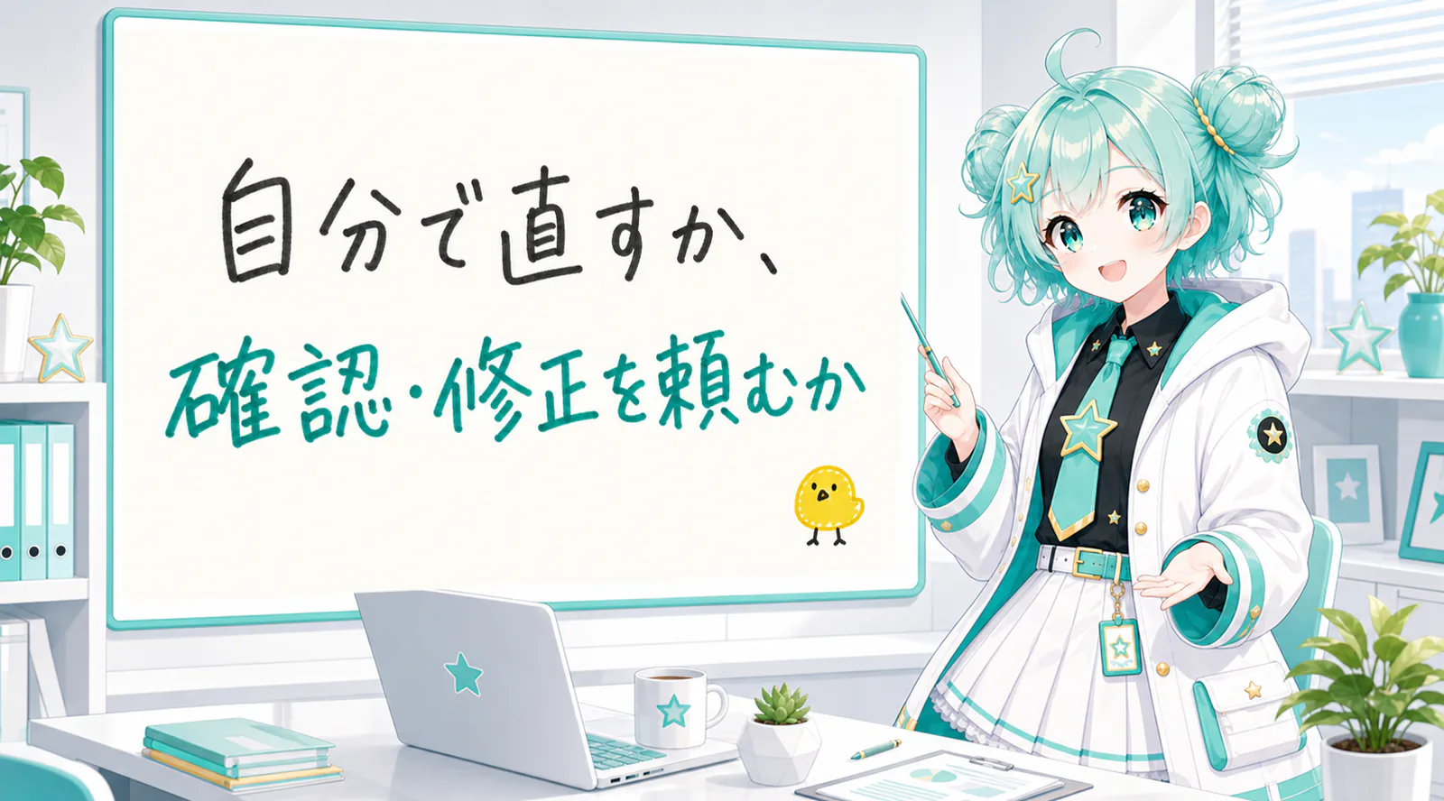 「自分で直すか、確認・修正を頼むか」と手書きされたホワイトボードを指す公式キャラクターと、ひよこの落書き