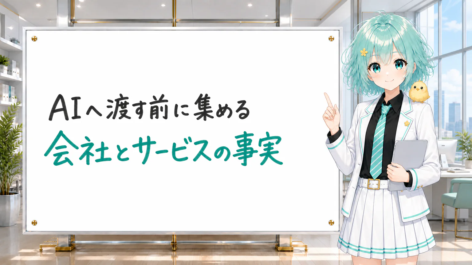 「AIへ渡す前に集める 会社とサービスの事実」と手書きされたホワイトボードを指す公式キャラクター