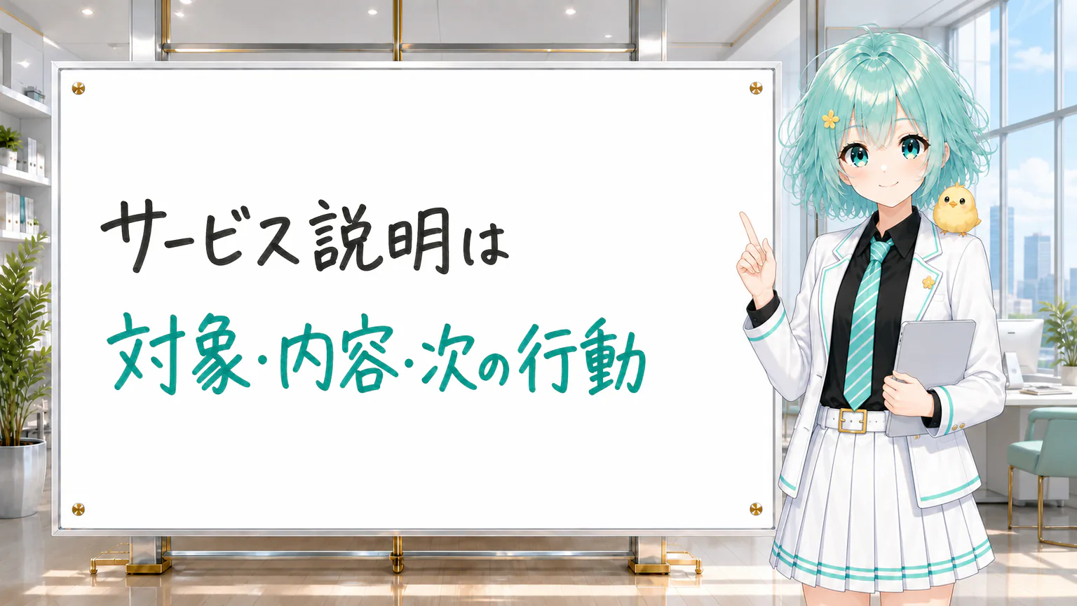 「サービス説明は 対象・内容・次の行動」と手書きされたホワイトボードを指す公式キャラクター