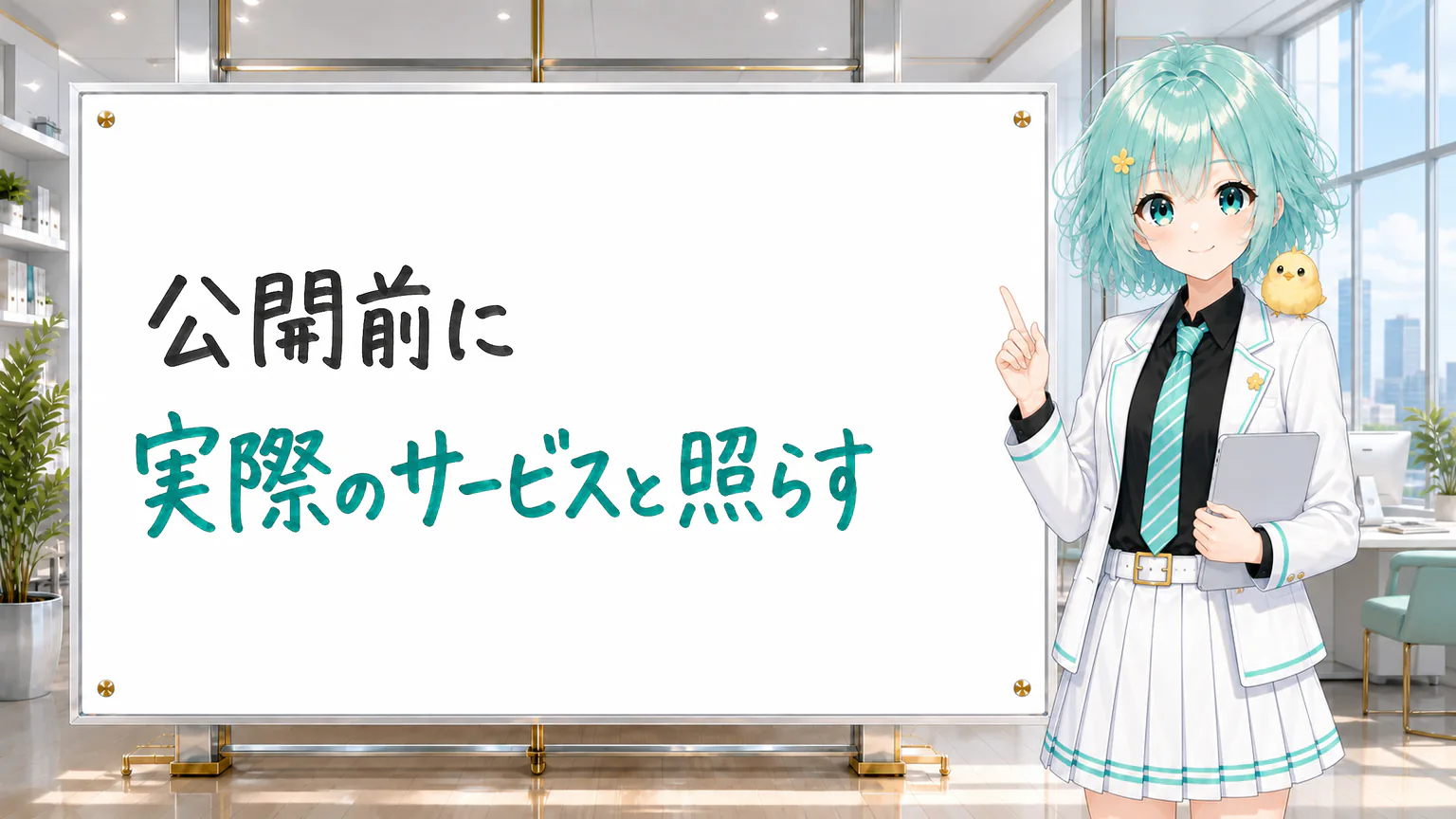 「公開前に 実際のサービスと照らす」と手書きされたホワイトボードを指す公式キャラクター