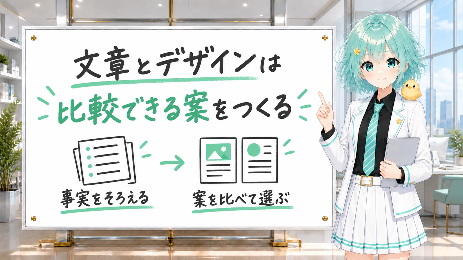 文章とデザインは事実をそろえて比較できる案を作ることを説明した図