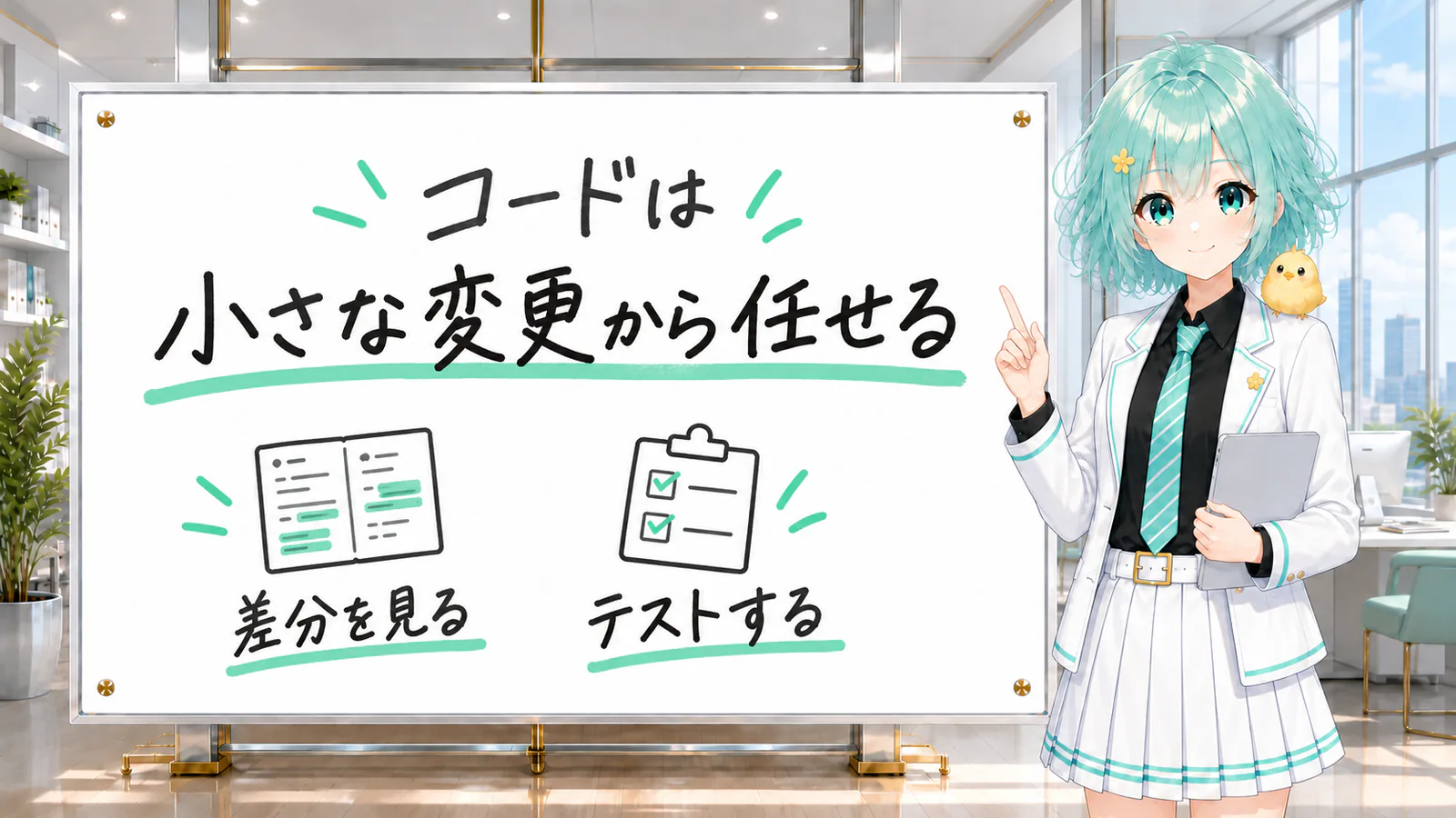 コードは小さな変更から任せ、差分とテストを確認することを説明した図