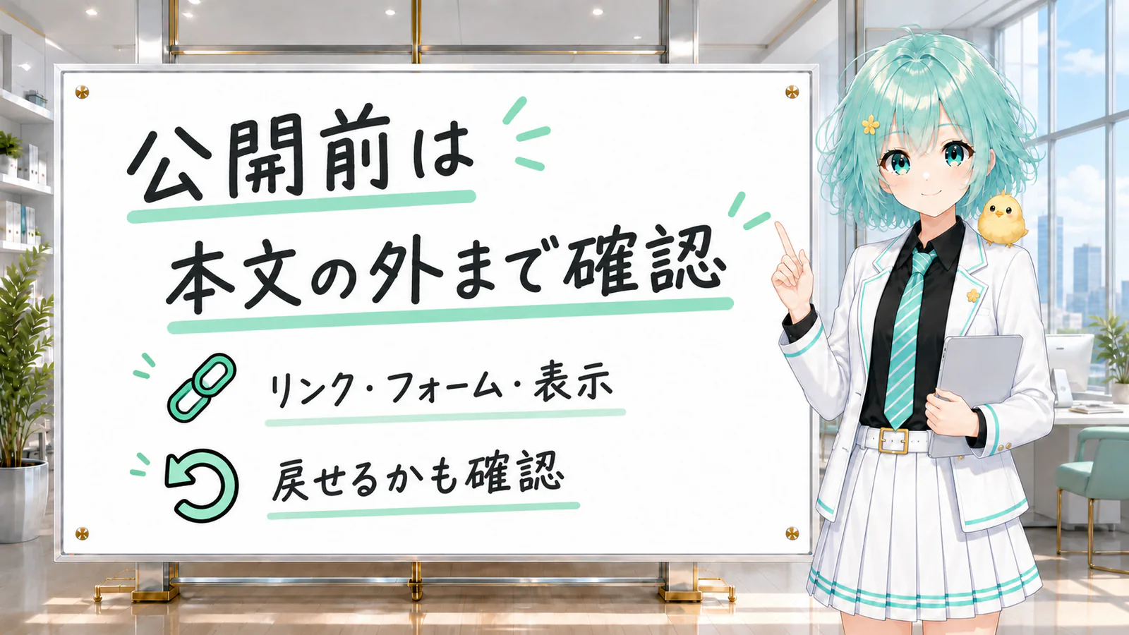 公開前はリンク・フォーム・表示・切り戻しまで確認することを説明した図