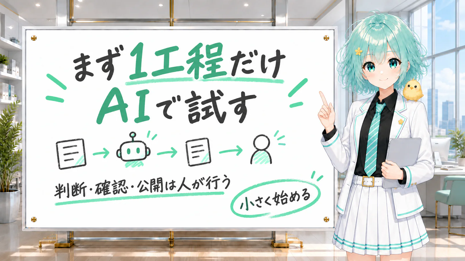 まず1工程だけAIで試し、判断・確認・公開は人が行う流れをまとめた図