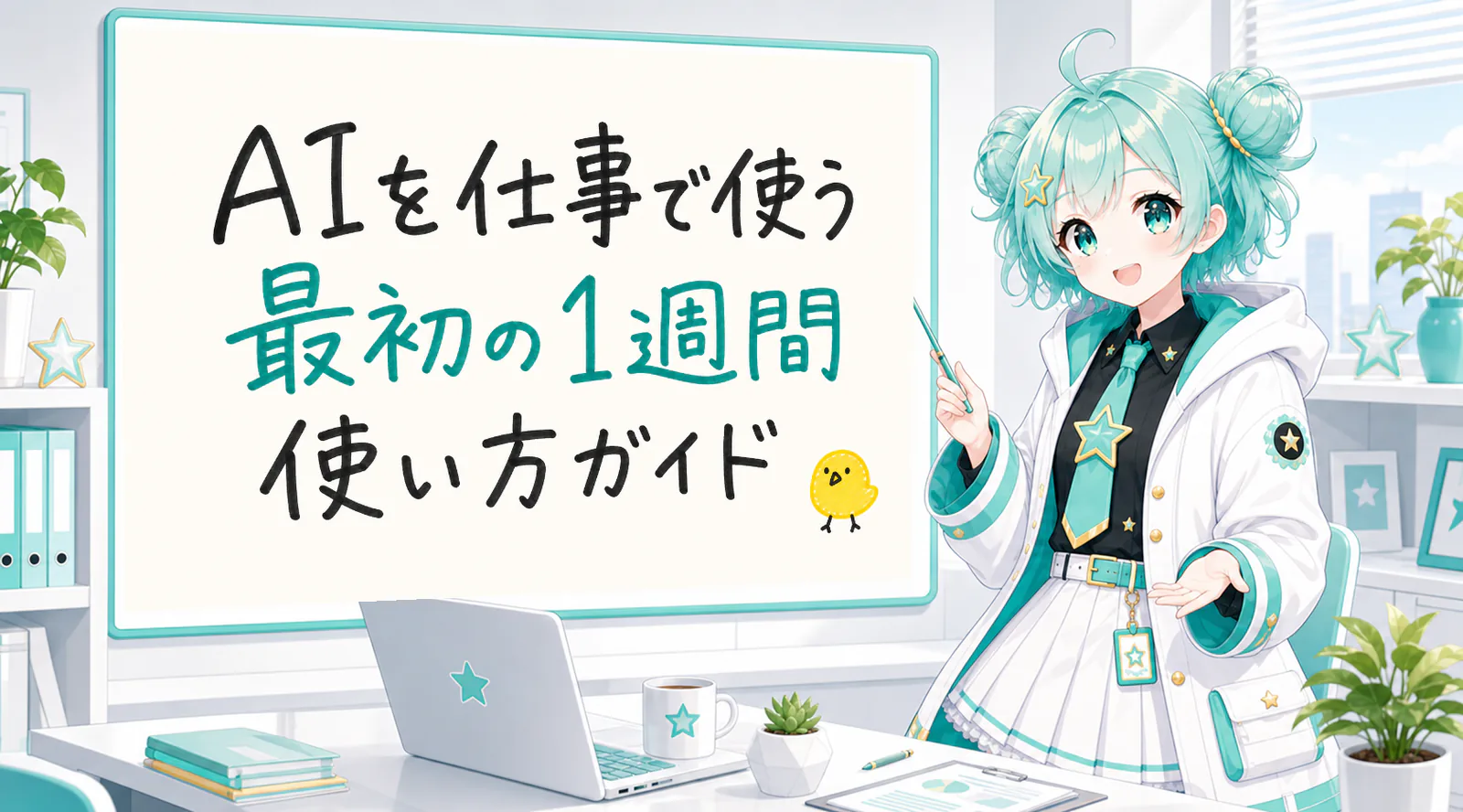 「AIを仕事で使う 最初の1週間 使い方ガイド」と手書きされたホワイトボードを指す公式キャラクターと、ひよこの落書き