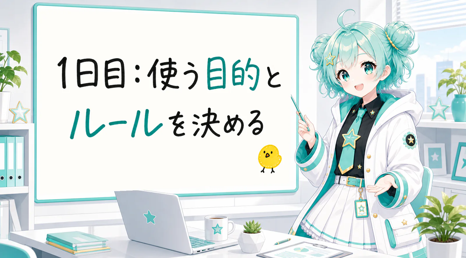 「1日目:使う目的とルールを決める」と手書きされたホワイトボードを指す公式キャラクターと、ひよこの落書き