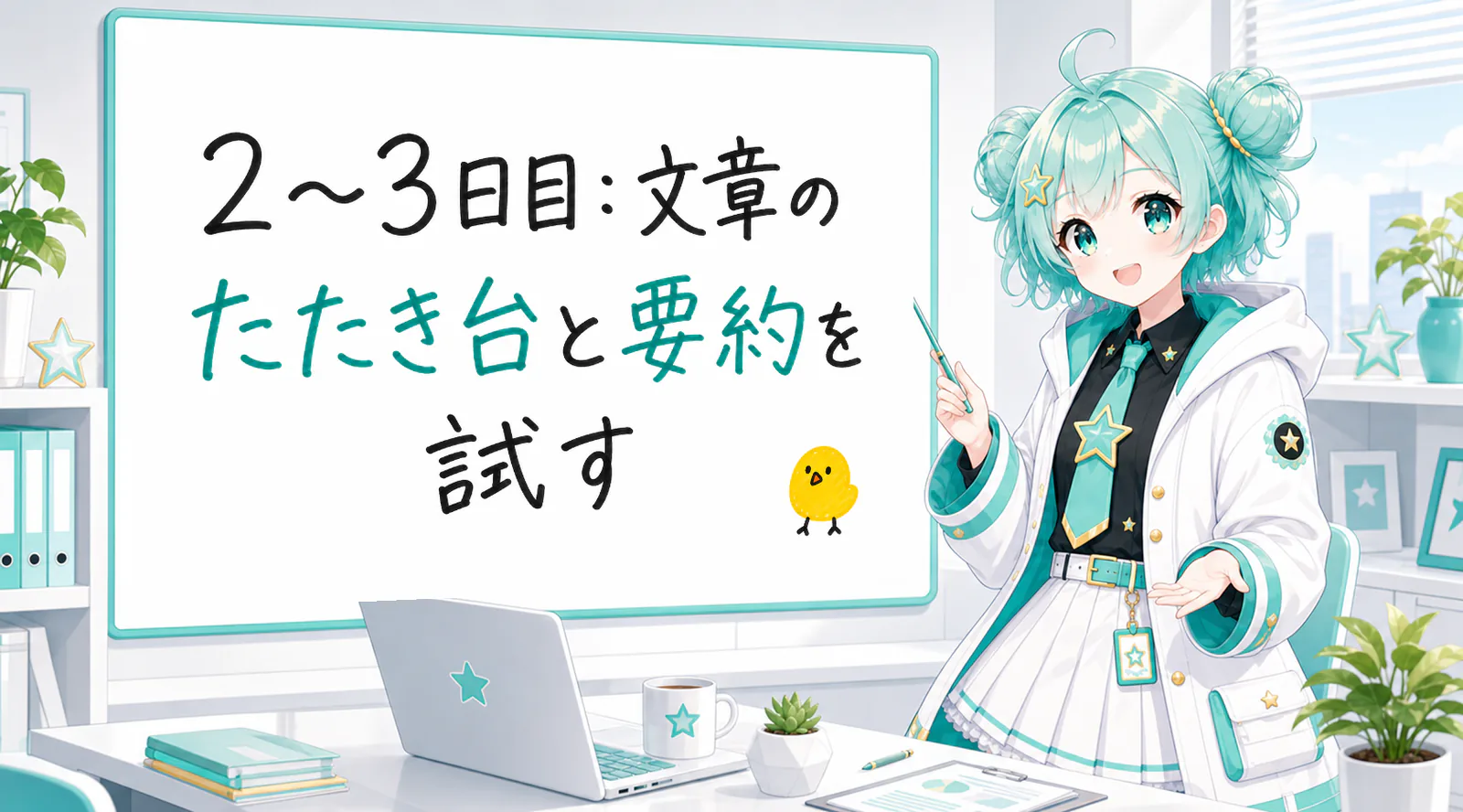 「2〜3日目:文章のたたき台と要約を試す」と手書きされたホワイトボードを指す公式キャラクターと、ひよこの落書き