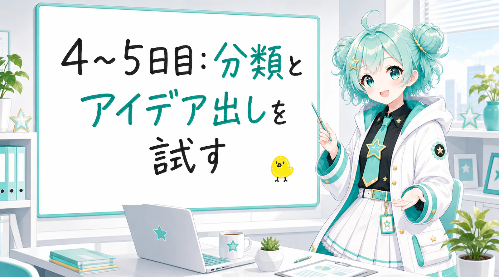 「4〜5日目:分類とアイデア出しを試す」と手書きされたホワイトボードを指す公式キャラクターと、ひよこの落書き