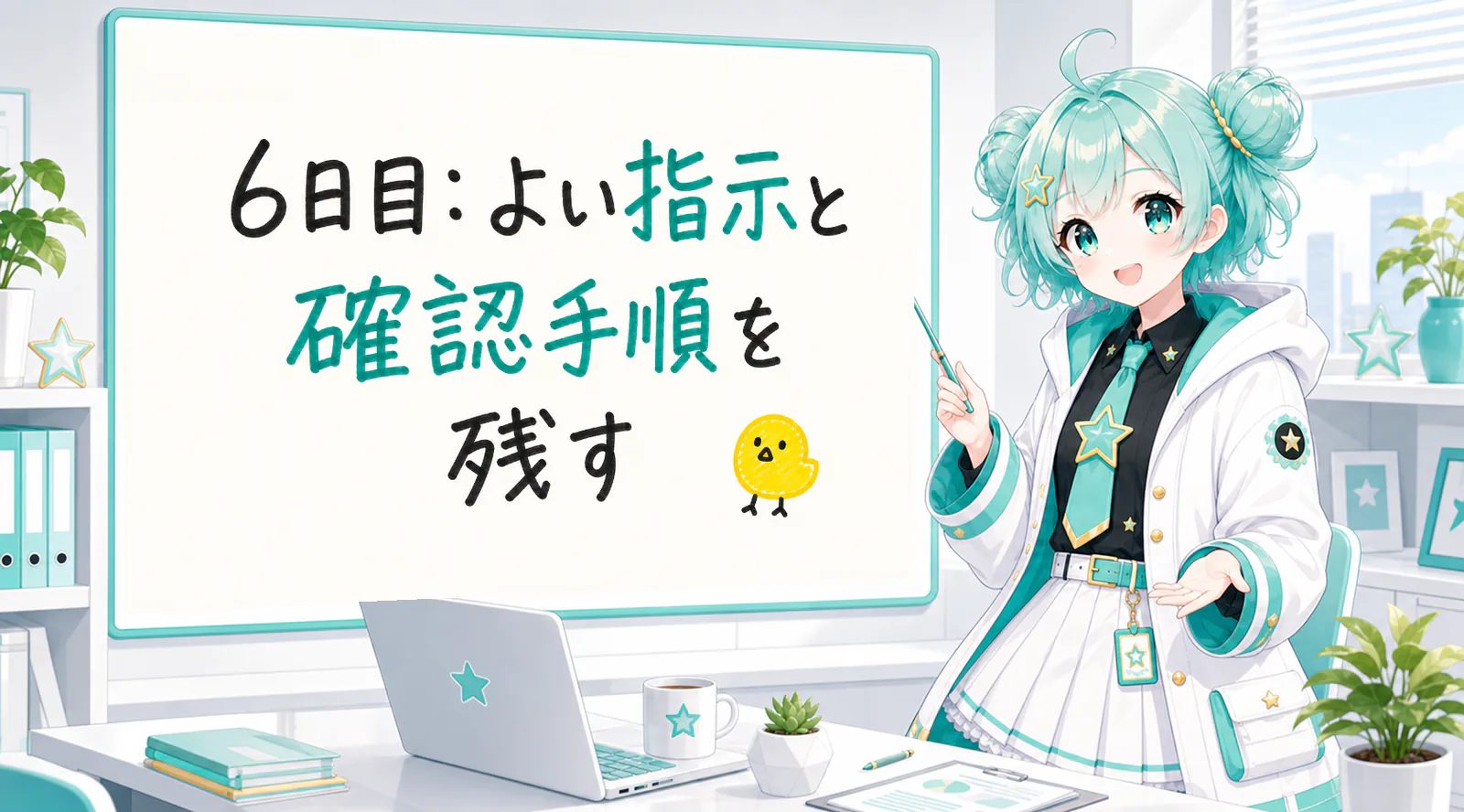 「6日目:よい指示と確認手順を残す」と手書きされたホワイトボードを指す公式キャラクターと、ひよこの落書き