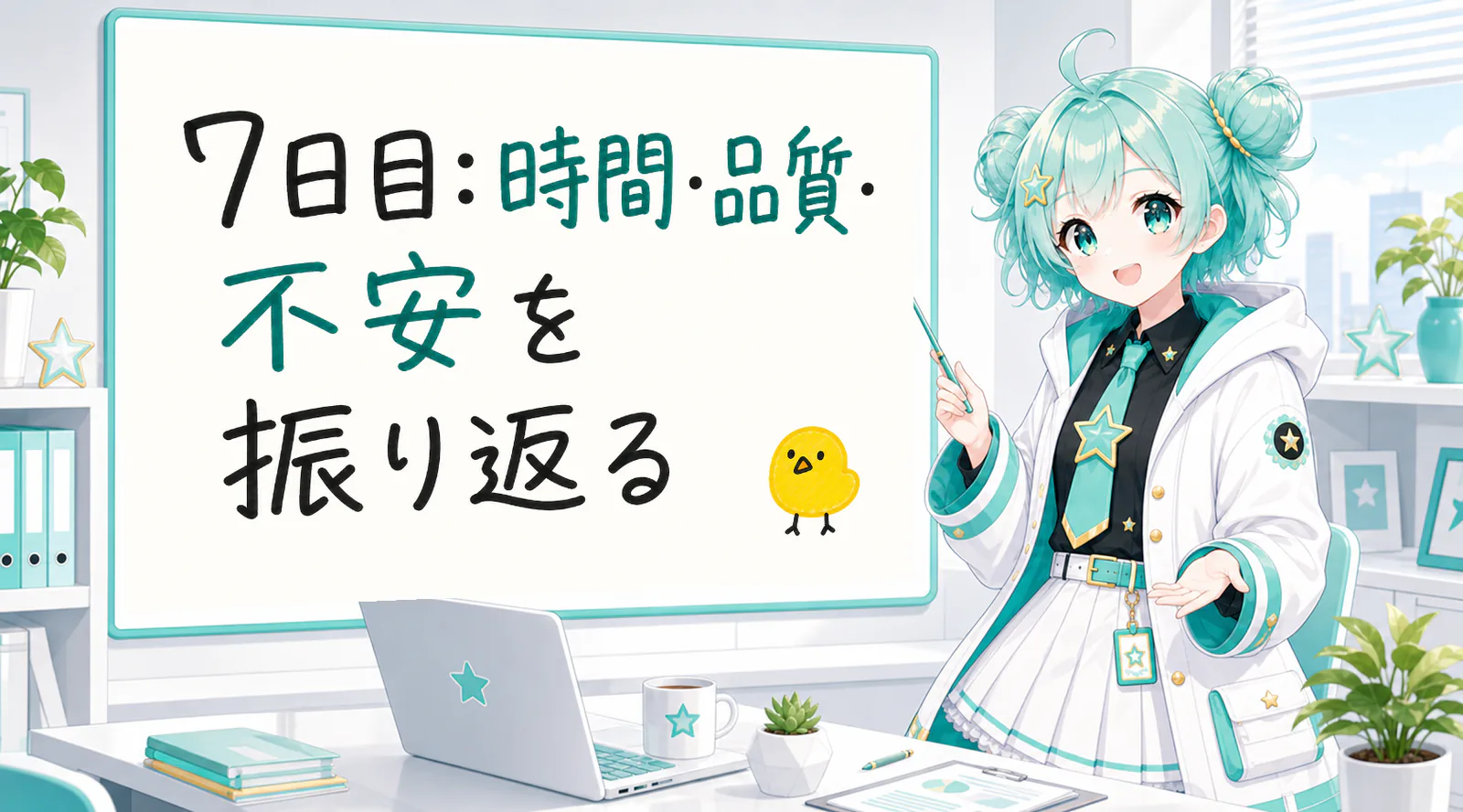「7日目:時間・品質・不安を振り返る」と手書きされたホワイトボードを指す公式キャラクターと、ひよこの落書き