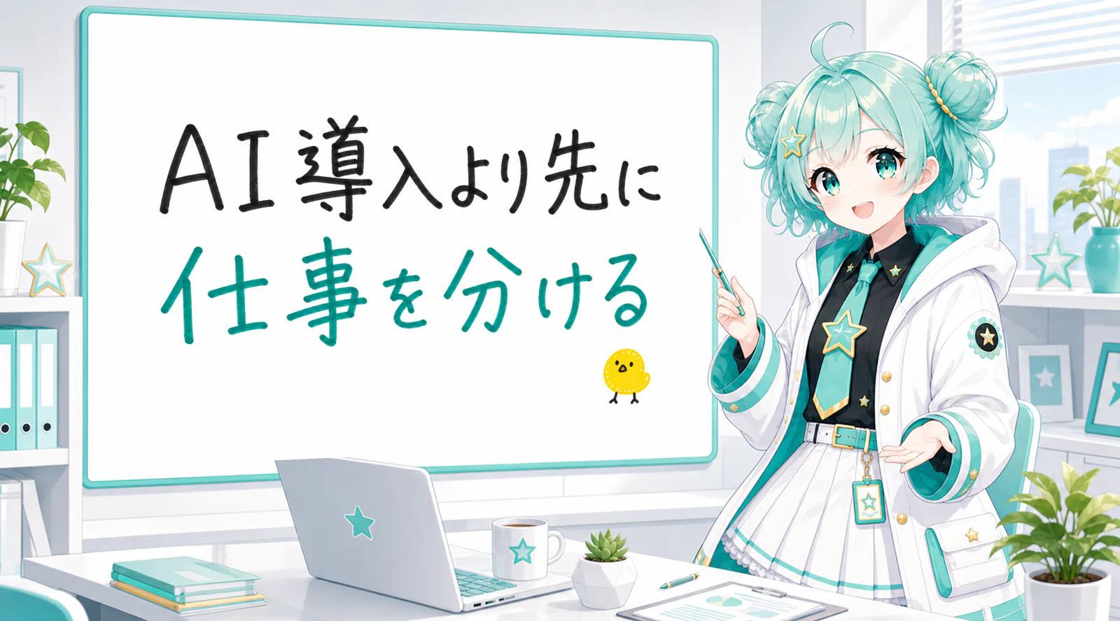 「AI導入より先に仕事を分ける」と手書きされたホワイトボードを指す公式キャラクターと、ひよこの落書き