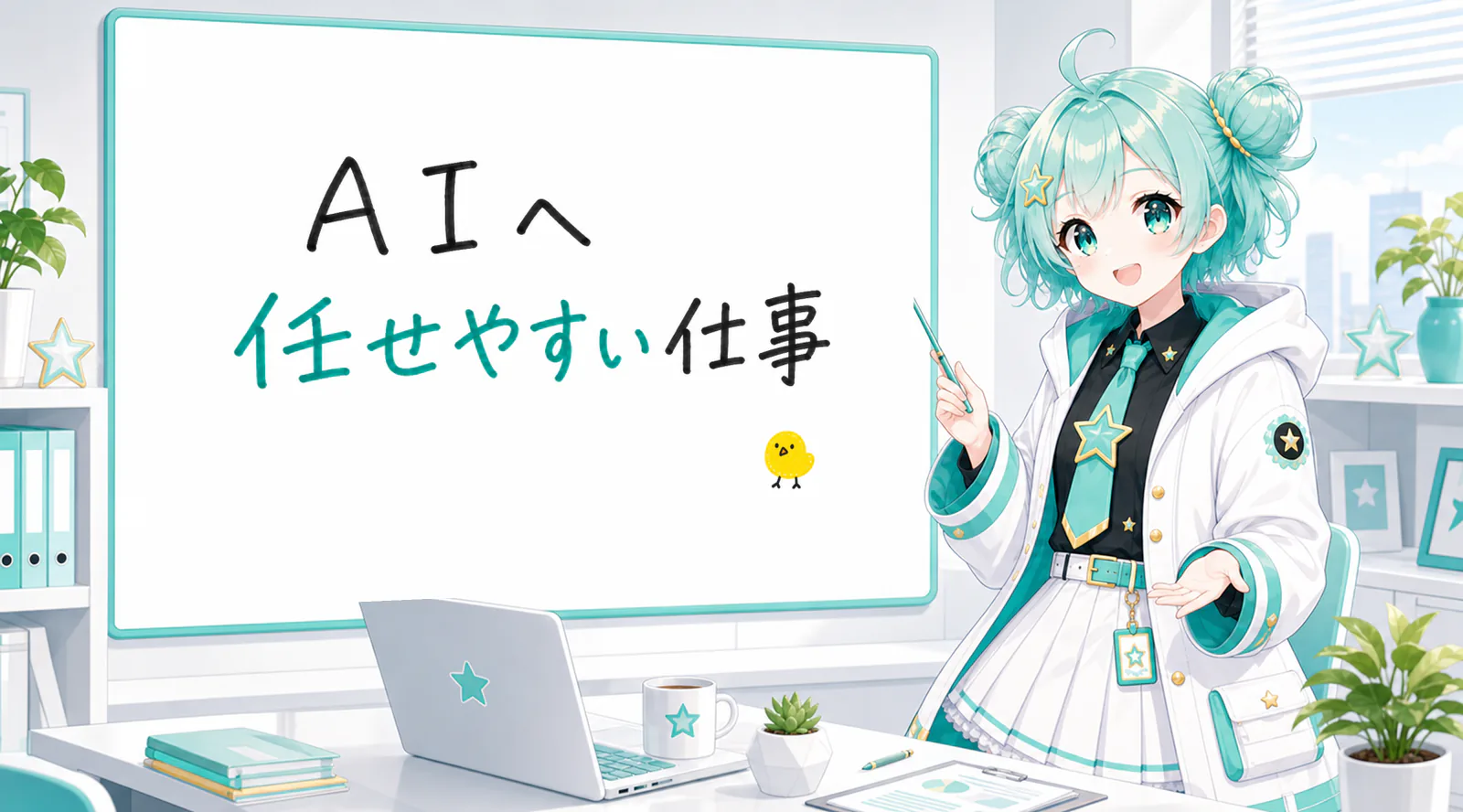 「AIへ任せやすい仕事」と手書きされたホワイトボードを指す公式キャラクターと、ひよこの落書き