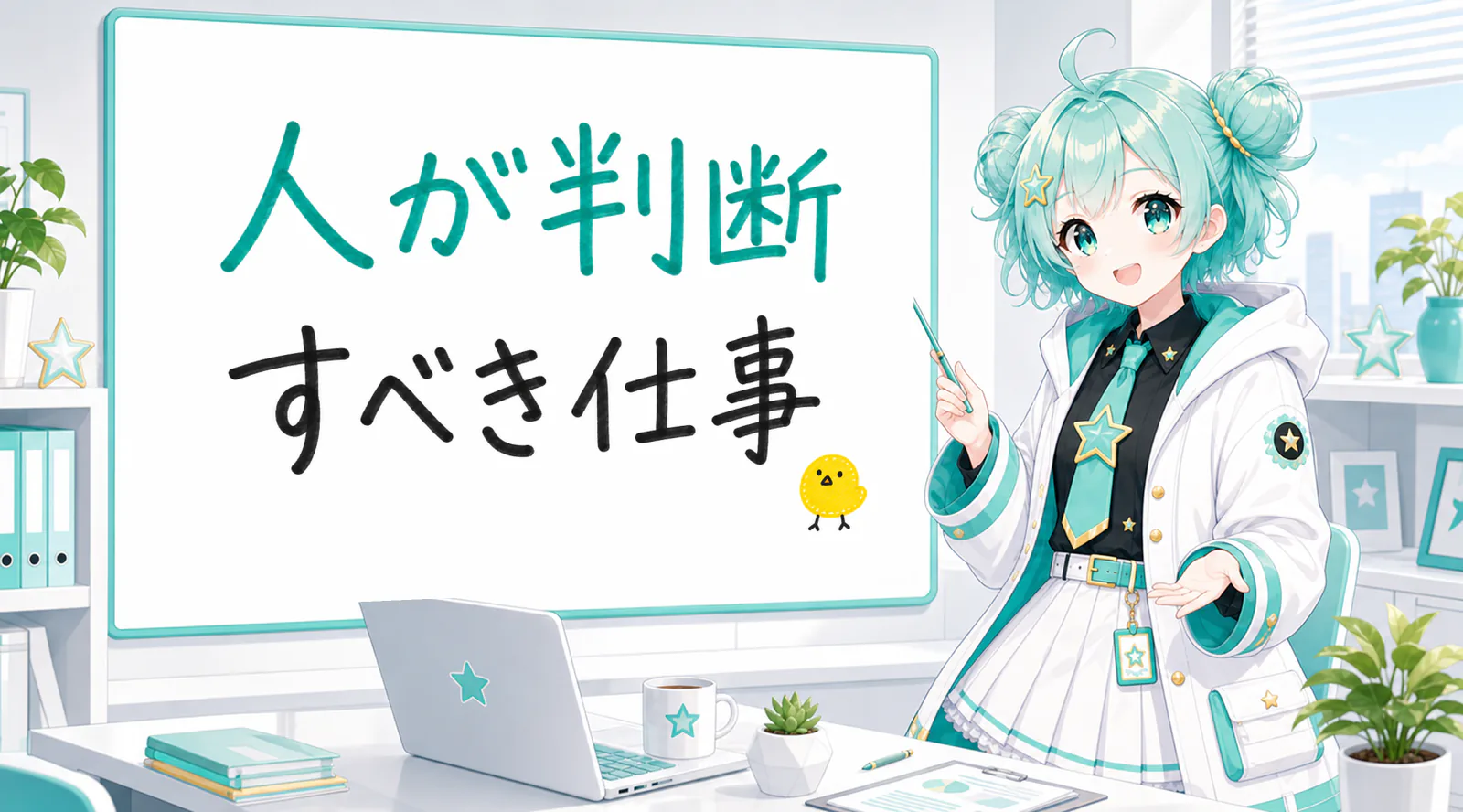 「人が判断すべき仕事」と手書きされたホワイトボードを指す公式キャラクターと、ひよこの落書き