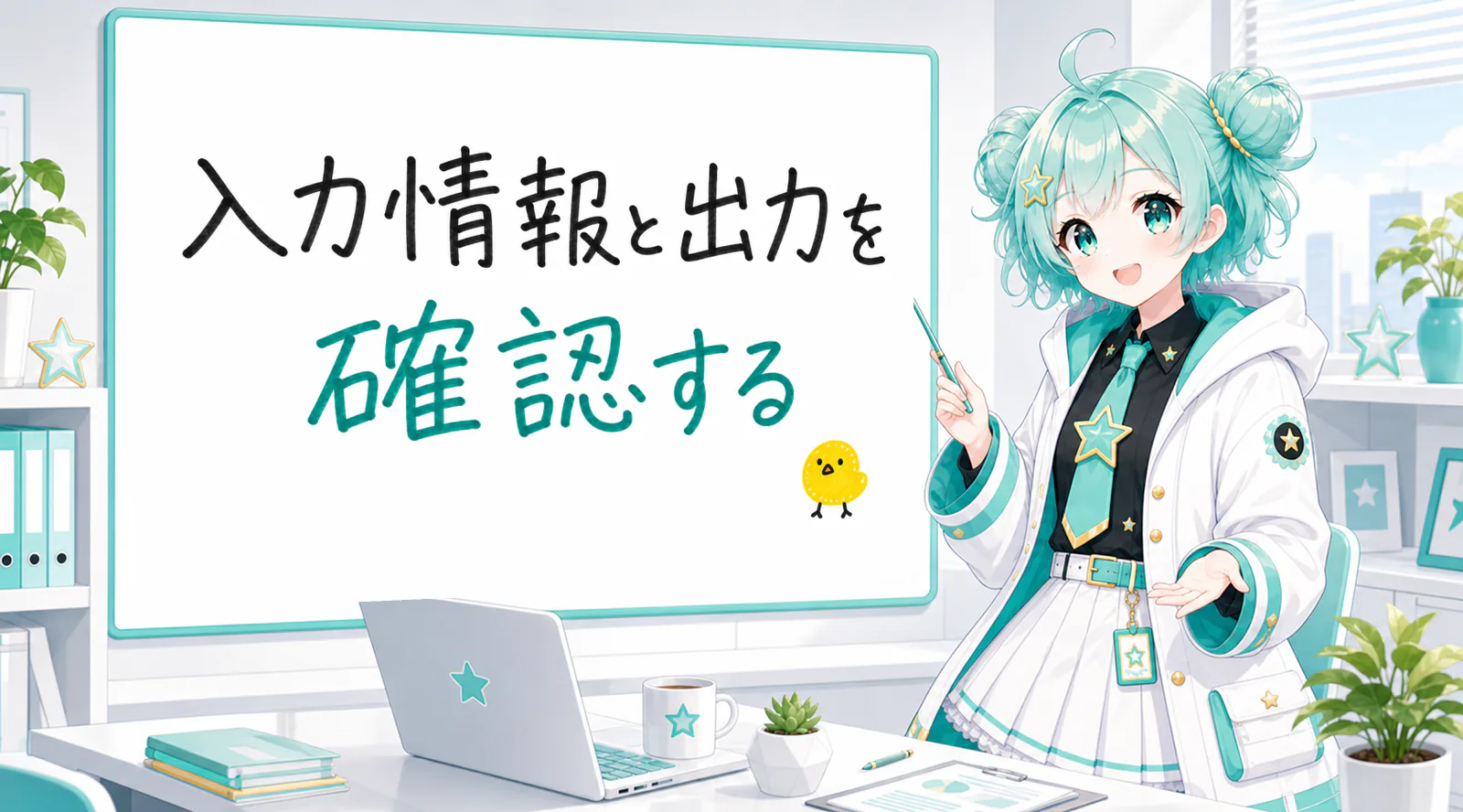 「入力情報と出力を確認する」と手書きされたホワイトボードを指す公式キャラクターと、ひよこの落書き