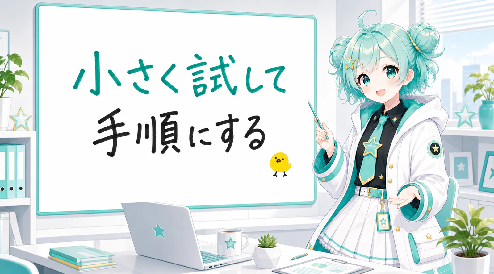 「小さく試して手順にする」と手書きされたホワイトボードを指す公式キャラクターと、ひよこの落書き